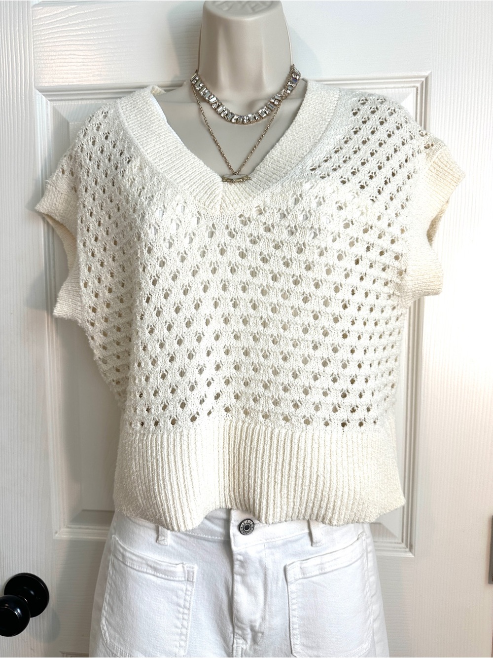 Worthington Ivory Open-Knit V-Neck Sweater Vest